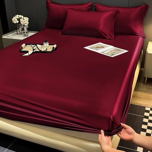 Gezu Satin Spannbettlaken 140x200cm Weinrot Rot Glänzend Uni Seide Seide Glänzend Bettlaken Hochwertiges Deluxe Unifarben Spannbetttuch 140x200cm Microfaser Bettlaken für bis 10-30cm Matraze von Gezu
