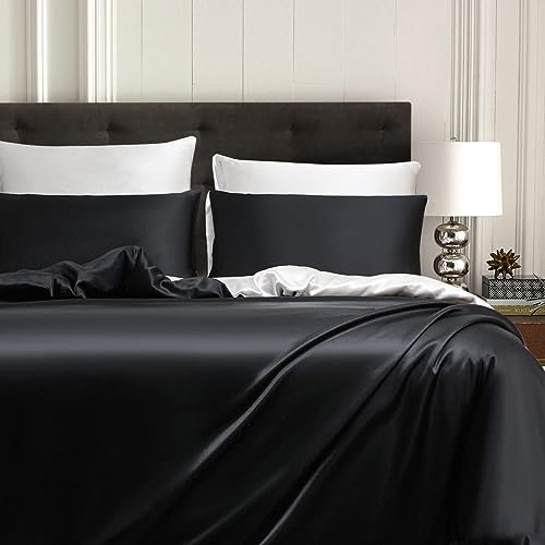 Gezu Schwarze Bettwäsche 200x200cm Weiss Satin Beige Unifarben Wendebettwäsche Glatt Glanzatin Seide Set Luxus Doppelbett Bettbezug mit Reißverschluss und 2 Kissenbezüge 80x80cm von Gezu