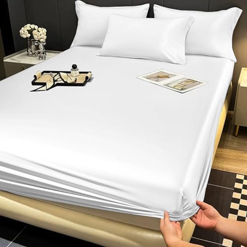 Gezu Spannbettlaken 160x200cm Satin Weiß Seide Glanzsatin Glatt und Bequem Atmungsaktiv Weich Microfaser Spannbetttuch 160x200 Bettlaken für Boxspringbett Topper Matratze bis 30 cm von Gezu