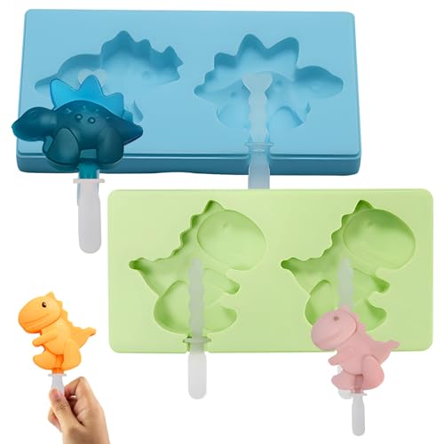 Gfamous 2 StüCk Popsicle Formen Baby,Popsicle Formen Silikon,Wiederverwendbar Eis Selber Machen,Dinosaurier und niedliche Tierformen,Bpa Frei Wiederverwendbare mit Deckel （hellblau und grün） von Gfamous