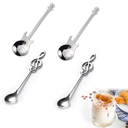 Gfamous Musiknote Edelstahl Kaffeelöffel und Gitarren Kaffeelöffel 4 Stück Gitarre Kaffee Tee Löffel,Edelstahl Gitarren Löffel Set,Milch,Drink, Dessert,Milchshake Und Espresso von Gfamous