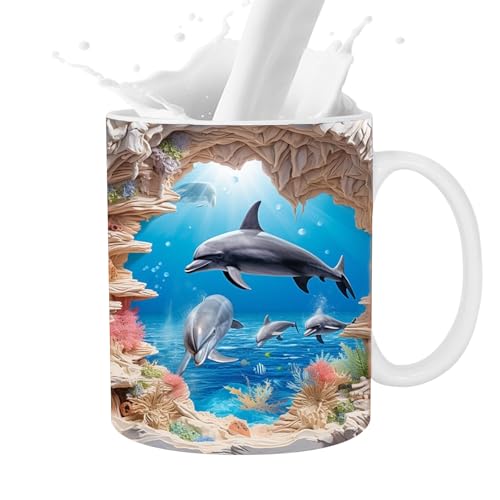 Ghirting 3D-Delphin-Tasse - 3D flach bemalte niedliche Tassen Keramik-Kaffeetassen - 11oz Delfin-Dekor-Kaffeetassen für Kaffee-Milch-Tee-Liebhaber, Keramiktassen für Frauen und Männer von Ghirting