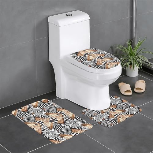 3-teiliges Badezimmerteppich-Set mit Zebra- und Giraffenmuster, WC-Vorleger, U-förmige Matte, WC-Deckelbezug von Ghjkfbf
