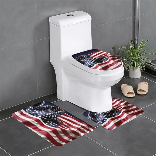 Ghjkfbf 3-teiliges Badezimmerteppich-Set, Motiv: Feuerwehrmann mit amerikanischer Flagge, WC-Vorleger, U-Form, WC-Deckelbezug Ghjkfbf 3-teiliges Badezimmerteppich-Set, Motiv: Feuerwehrmann mit amerikanischer Flagge, WC-Vorleger, U-Form, WC-Deckelbezug von Ghjkfbf