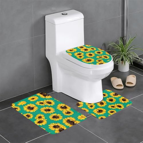 Ghjkfbf 3-teiliges Badezimmerteppich-Set, Motiv: Frühlings-Sonnenblumen, WC-Vorleger, U-förmige Matte, WC-Deckelbezug von Ghjkfbf