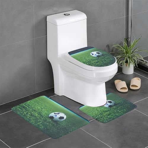 Ghjkfbf 3-teiliges Badezimmerteppich-Set, Motiv: Fußball auf Gras, WC-Vorleger, U-förmige Matte, WC-Deckelbezug Ghjkfbf 3-teiliges Badezimmerteppich-Set, Motiv: Fußball auf Gras, WC-Vorleger, U-förmige Matte, WC-Deckelbezug von Ghjkfbf