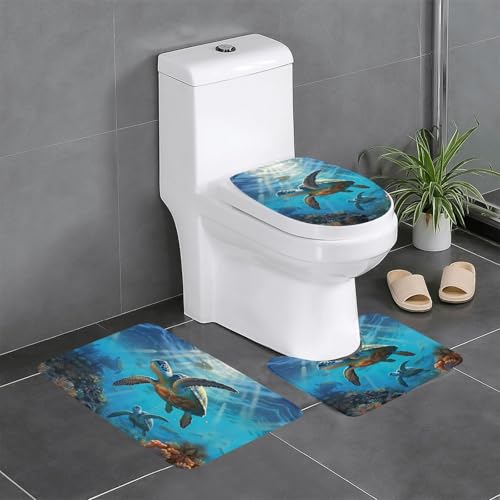 Ghjkfbf 3-teiliges Badezimmerteppich-Set, Motiv: Meeresschildkröten, WC-Vorleger, U-Form, WC-Deckelbezug von Ghjkfbf