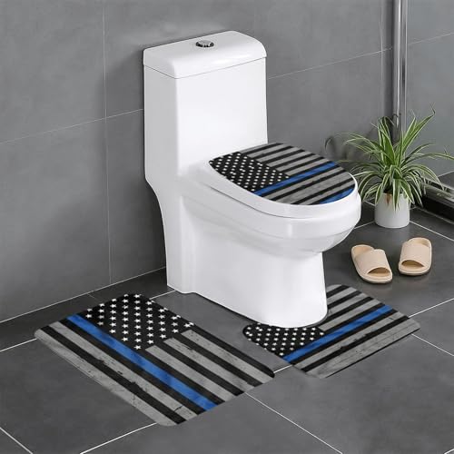 Ghjkfbf 3-teiliges Badezimmerteppich-Set, Motiv: amerikanische dünne blaue Linie, WC-Vorleger, U-förmige Matte, WC-Deckelbezug Ghjkfbf 3-teiliges Badezimmerteppich-Set, Motiv: amerikanische dünne blaue Linie, WC-Vorleger, U-förmige Matte, WC-Deckelbezug von Ghjkfbf