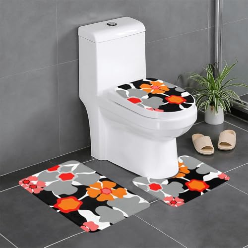 Ghjkfbf 3-teiliges Badezimmerteppich-Set, Retro-Blumenmuster, WC-Vorleger, U-Form, WC-Deckelbezug von Ghjkfbf