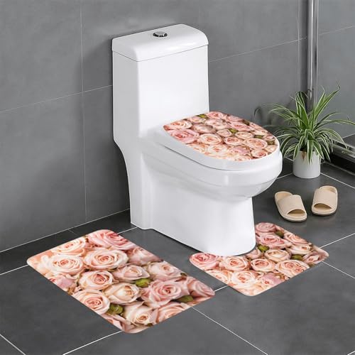 Ghjkfbf 3-teiliges Badezimmerteppich-Set, WC-Vorleger, U-Form, WC-Deckelbezug, rosa Rosen von Ghjkfbf