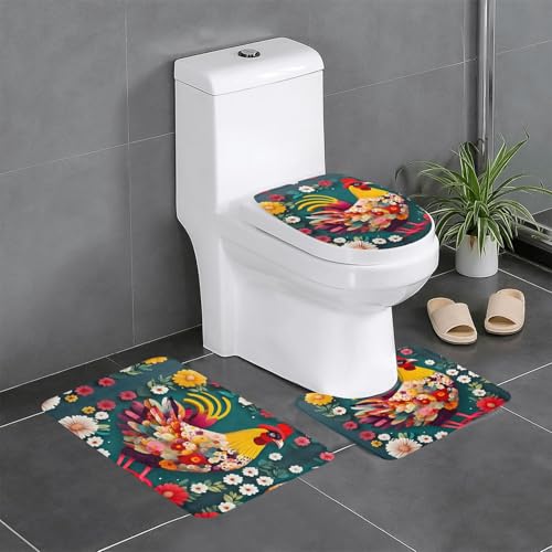 Ghjkfbf 3-teiliges Badezimmerteppich-Set, WC-Vorleger, U-Form, WC-Deckelbezug mit Blumenherz und Huhn-Motiv von Ghjkfbf