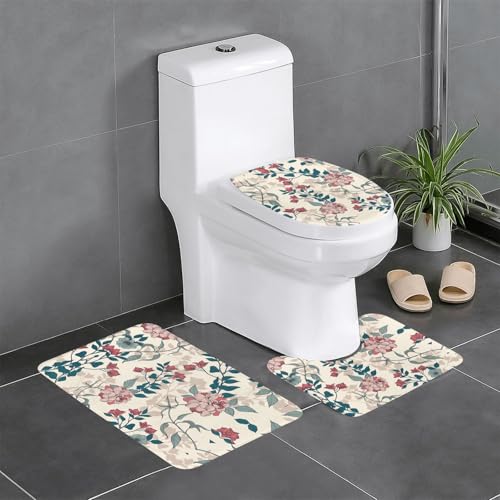 Ghjkfbf 3-teiliges Badezimmerteppich-Set, WC-Vorleger, U-förmige Matte, WC-Deckelbezug, rosa Blumen und Blätter von Ghjkfbf