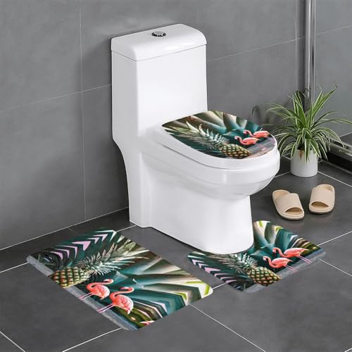 Ghjkfbf 3-teiliges Badezimmerteppich-Set mit Ananas-Flamingo-Druck, WC-Vorleger, U-förmige Matte, WC-Deckelbezug Ghjkfbf 3-teiliges Badezimmerteppich-Set mit Ananas-Flamingo-Druck, WC-Vorleger, U-förmige Matte, WC-Deckelbezug von Ghjkfbf