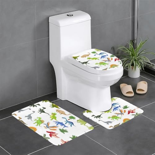 Ghjkfbf 3-teiliges Badezimmerteppich-Set mit Cartoon-Dinosaurier-Bildern, WC-Vorleger, U-förmige Matte, WC-Deckelbezug von Ghjkfbf