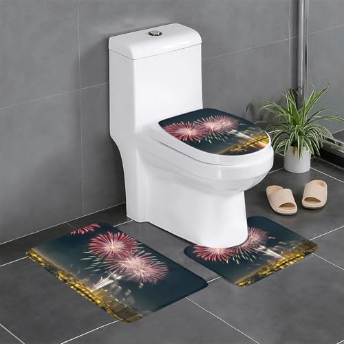 Ghjkfbf 3-teiliges Badezimmerteppich-Set mit Feuerwerk-Muster, WC-Vorleger, U-Form, WC-Deckelbezug von Ghjkfbf