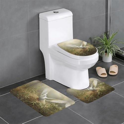 Ghjkfbf 3-teiliges Badezimmerteppich-Set mit Gras- und Taubenmuster, WC-Vorleger, U-förmige Matte, WC-Deckelbezug von Ghjkfbf