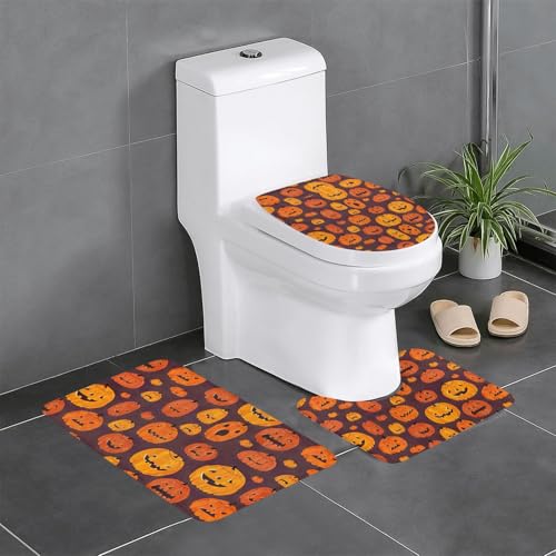 Ghjkfbf 3-teiliges Badezimmerteppich-Set mit Halloween-Kürbis-Motiv, WC-Vorleger, U-förmige Matte, WC-Deckelbezug von Ghjkfbf