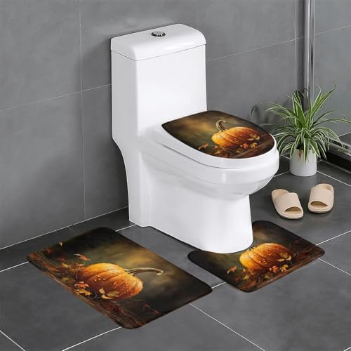 Ghjkfbf 3-teiliges Badezimmerteppich-Set mit Herbst-Kürbis-Druck, WC-Vorleger, Badematte, U-förmige Matte, WC-Deckelbezug von Ghjkfbf