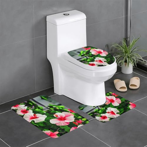 Ghjkfbf 3-teiliges Badezimmerteppich-Set mit Hibiskusblumen-Aufdruck, WC-Vorleger, U-förmige Matte, WC-Deckelbezug Ghjkfbf 3-teiliges Badezimmerteppich-Set mit Hibiskusblumen-Aufdruck, WC-Vorleger, U-förmige Matte, WC-Deckelbezug von Ghjkfbf