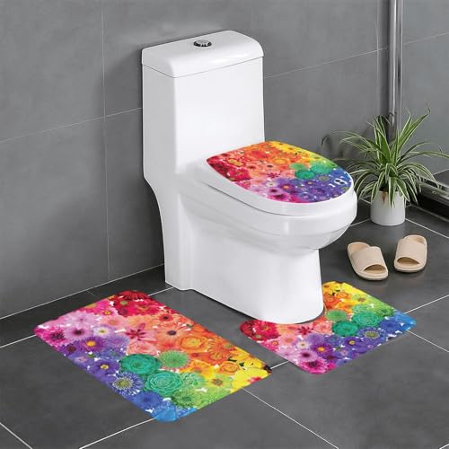Ghjkfbf 3-teiliges Badezimmerteppich-Set mit Regenbogen-Blumen-Druck, WC-Vorleger, U-Form, WC-Deckelbezug Ghjkfbf 3-teiliges Badezimmerteppich-Set mit Regenbogen-Blumen-Druck, WC-Vorleger, U-Form, WC-Deckelbezug von Ghjkfbf