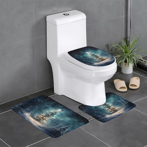 Ghjkfbf 3-teiliges Badezimmerteppich-Set mit Weihnachtsbaum-Schnee-Aufdruck, WC-Vorleger, U-förmige Matte, WC-Deckelbezug von Ghjkfbf