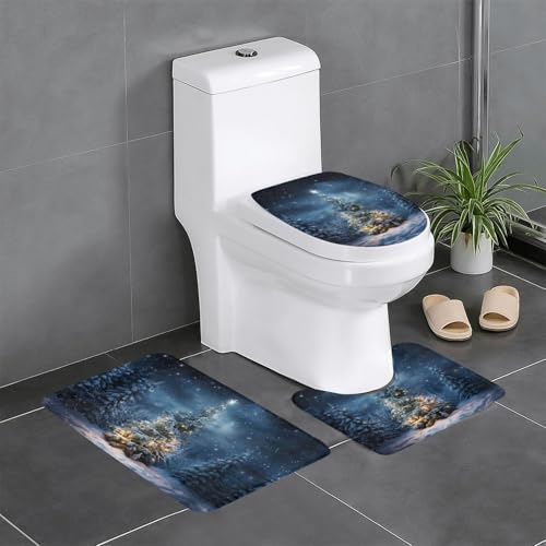 Ghjkfbf 3-teiliges Badezimmerteppich-Set mit Weihnachtsbaum-Schnee-Aufdruck, WC-Vorleger, U-förmige Matte, WC-Deckelbezug von Ghjkfbf