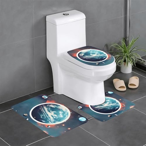 Ghjkfbf 3-teiliges Badezimmerteppich-Set mit Weltraumplaneten-Motiv, WC-Vorleger, U-förmige Matte, WC-Deckelbezug Ghjkfbf 3-teiliges Badezimmerteppich-Set mit Weltraumplaneten-Motiv, WC-Vorleger, U-förmige Matte, WC-Deckelbezug von Ghjkfbf