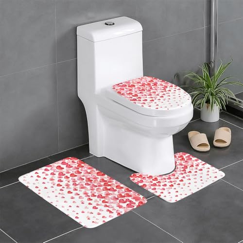 Ghjkfbf 3-teiliges Badezimmerteppich-Set mit fallenden roten Herzen, WC-Vorleger, U-förmige Matte, WC-Deckelbezug Ghjkfbf 3-teiliges Badezimmerteppich-Set mit fallenden roten Herzen, WC-Vorleger, U-förmige Matte, WC-Deckelbezug von Ghjkfbf
