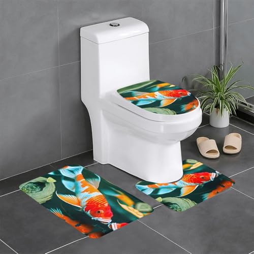 Ghjkfbf 3-teiliges Badezimmerteppich-Set mit hübschem Koi-Fisch-Druck, WC-Vorleger, U-förmige Matte, WC-Deckelbezug Ghjkfbf 3-teiliges Badezimmerteppich-Set mit hübschem Koi-Fisch-Druck, WC-Vorleger, U-förmige Matte, WC-Deckelbezug von Ghjkfbf