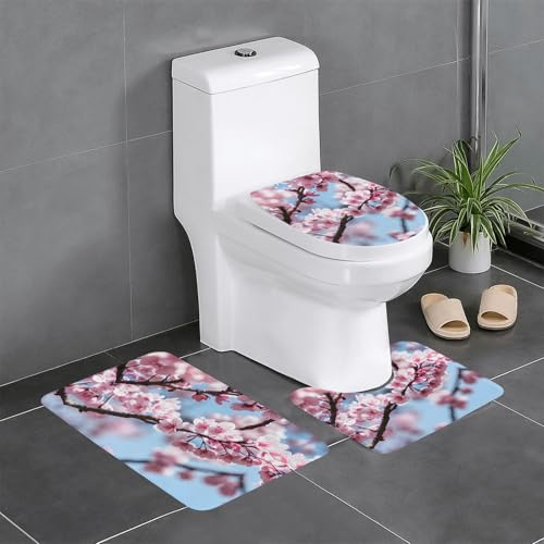 Ghjkfbf 3-teiliges Badezimmerteppich-Set mit verführerischem Kirschblüten-Aufdruck, WC-Vorleger, U-Form, WC-Deckelbezug von Ghjkfbf