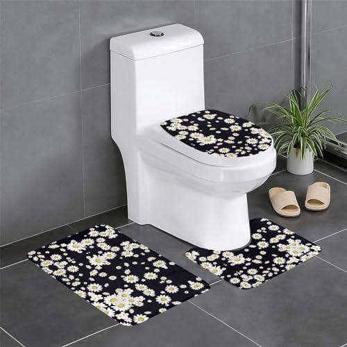 Ghjkfbf 3-teiliges Badezimmerteppich-Set mit weißem Gänseblümchen-Druck, WC-Vorleger, U-Form, WC-Deckelbezug Ghjkfbf 3-teiliges Badezimmerteppich-Set mit weißem Gänseblümchen-Druck, WC-Vorleger, U-Form, WC-Deckelbezug von Ghjkfbf