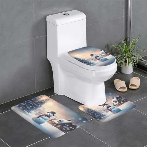 Ghjkfbf Badezimmerteppich-Set, Motiv: Merry Christmas, niedlicher Schneemann-Druck, 3-teilig, WC-Vorleger, U-Form, WC-Deckelbezug von Ghjkfbf