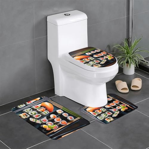 Ghjkfbf Badezimmerteppich-Set, Sushi-Muster, 3-teilig, WC-Vorleger, U-förmige Matte, WC-Deckelbezug von Ghjkfbf