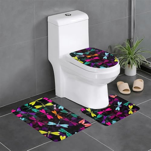 Ghjkfbf Badezimmerteppich-Set mit niedlichem Libellen-Druck, 3-teilig, WC-Vorleger, U-förmige Matte, WC-Deckelbezug Ghjkfbf Badezimmerteppich-Set mit niedlichem Libellen-Druck, 3-teilig, WC-Vorleger, U-förmige Matte, WC-Deckelbezug von Ghjkfbf
