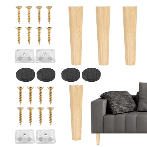 Ghjkldha Unlackierte Möbelbeine – Sofa-Ersatz-Bein-Set, 4 Stück, runde Holzspindelfüße mit Schraubbefestigungsplatte und Anti-Rutsch-Pads von Ghjkldha