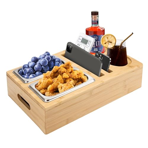 Ghope Couchbar Snackbox aus Bambus, Couch Bar Sofa Organizer und Getränkehalter mit Zwei Snackschalen Aus Edelstahl, Couchorganizer Sofatablett Couchbutler Weinregal Snackbar Snackhalter von Ghope