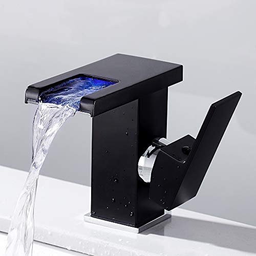 Waschbecken Wasserhahn für Badezimmer mit LED-Licht, Wasserfall, Einhebelmischer aus Messing und Glas, Kalt- und Warmwasserhahn (schwarz) von Ghopy