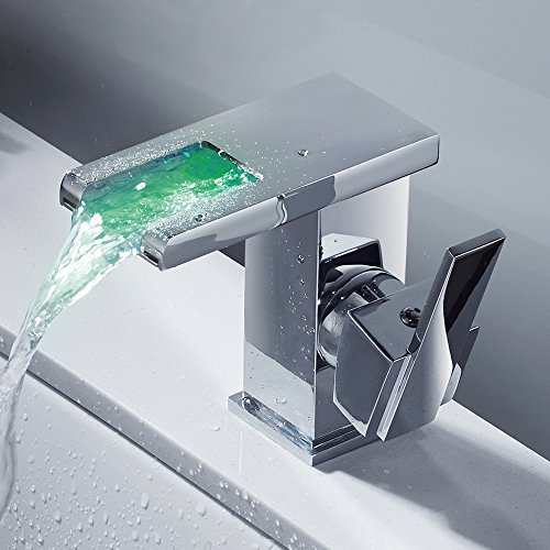 Waschbeckenarmatur mit LED-Licht, Wasserfall, Badezimmermischer, Mischbatterie aus Messing und Glas, Kaltwasser und Warmwasser (Silber) von Ghopy