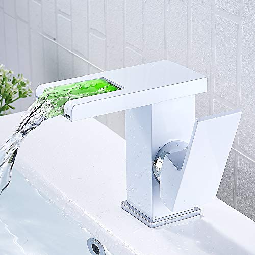 Waschbeckenarmatur mit LED-Licht, Wasserfall, Badezimmermischer, Mischbatterie aus Messing und Glas, Kaltwasser und Warmwasser (weiß) von Ghopy