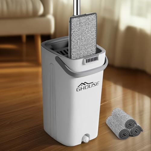 Ghouse Bodenreiniger Piatto Wischer Boden Secchio Doppelte Wanne mit Hands Free Wringer 150 cm Verlängerbarer Stiel 3 Waschbare Mikrofaser Tücher für Boden Ecken Fenster Nass Trockenreinigung von Ghouse