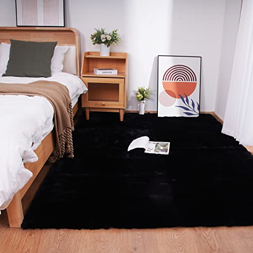 Ghouse Kurzflor Wohnzimmer Teppich Schlafzimmer Matte Moderner Home Flauschig Weich Teppiche für Kinderzimmer Anti-Rutsch Unterseite Waschbarer Teppich 150x215 cm Schwarz von Ghouse