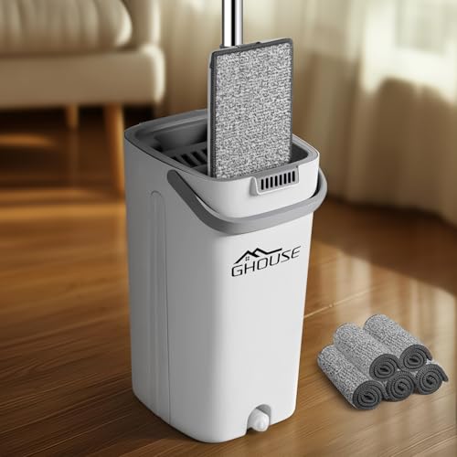 Ghouse Piatto Secchio Bodenreiniger Doppelte Wanne mit Bodenwischer Hands Free Wringer 5 Waschbare Mikrofaser Tücher für Boden Ecken Fenster Nass Trockenreinigung Verlängerbarer Stiel 150 cm von Ghouse