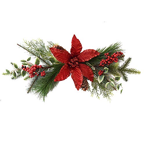 Ghzste Künstliche Weihnachts Swag 22,8 Zoll Grüne Dekoration Swag mit Weihnachts Stern Blume und Grünen Blättern Winter Weihnachten Swag für Haustür (Rot) von Ghzste