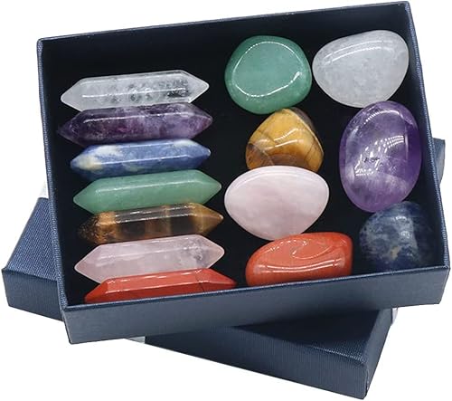 Kristallheilung, Amethyst Rose klare Kristalle, Heilkristalle, spirituelle Gaben,Reiki-Kristalle,Alle 7 Chakra-Zauberstäbe und natürliche Trommelsteine ​​6-seitiges 14-teiliges Set von Ghzste