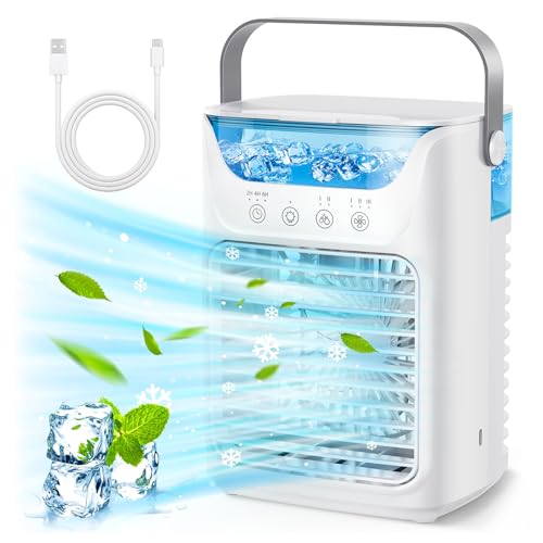 Ventilator Tragbare Klimaanlagen, 700 Ml, 3 Geschwindigkeiten, 2 Kaltnebel, 3 Automatische Zeitsteuerung, Tragbarer Luftkühler-Luftbefeuchter, USB-Desktop-Lüfter von Ghzste