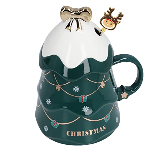 Weihnachtstasse, 500 Ml, Großes Fassungsvermögen, Weihnachtstasse, Keramik, Tee- und Milchbecher, Kaffeetasse mit Deckel, Löffel für Zuhause, Weihnachtsgeschenke (Grüner von Ghzste