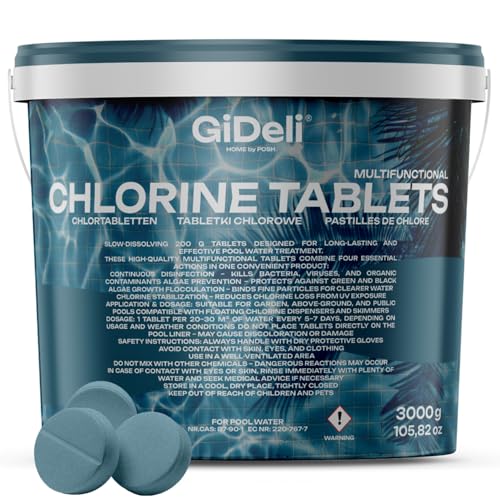 GiDeli chlortabletten für Pool chlor multitabs 5 in 1 200g langzeit zubehör 5-Phasen Sichere und effiziente Pflege & Reinigung für kristallklares poolwasser & Whirlpool 3 kg von GiDeli