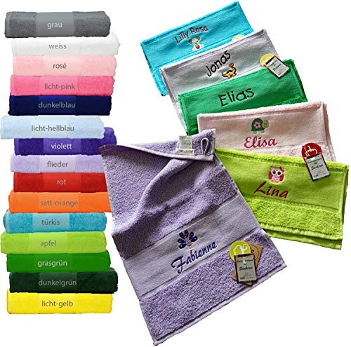 me Kinder-Handtuch (Gästetuch) 30x50cm mit Namen & Motiv Bestickt (14 Farben zur Auswahl) von GiO-Shop * Sonderanfertigung mit Stickerei