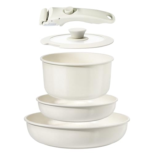 GiPP Keramik Topfset mit Abnehmbarer Griff, 5-Teilig Topf und Pfannenset mit Antihaft Beschichtet, Topfset Induktion Kochtopf Set, Backofenfest, für Alle Herdarten, PTFE/PFOA-frei, Weiß von GiPP