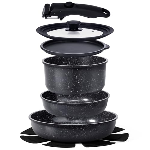 GiPP 8-Teiliges Induktions-Grill-Set, Antihaft-Kochgeschirrset, Pfannenset Mit Abnehmbaren Griffen Und Glasdeckel, Stielkasserollenset von GiPP